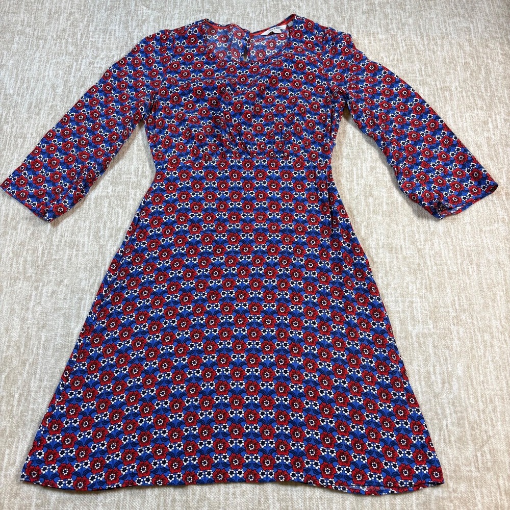 Boden‎ Delia Fit and Flare Dress Blue and Red Floral Design 3/4 sleeve Size 2R